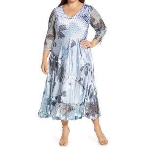 NEW Komarov Floral Print V-Neck 3/4 Lace Sleeve Charmeuse Dress, 2X